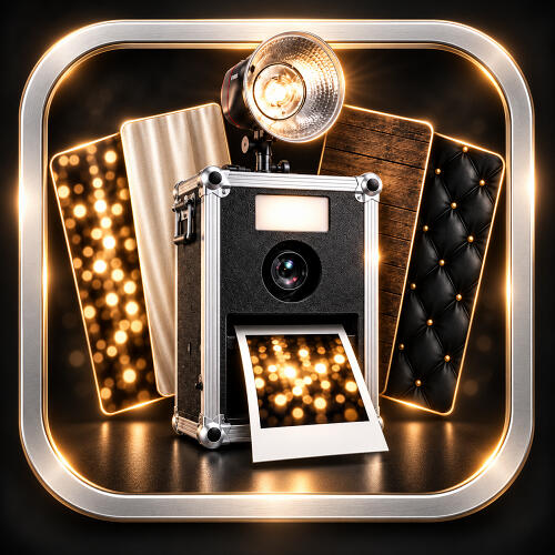 PARTY-Fotobox mit Ringlicht, Kamera und Sofortdruck.